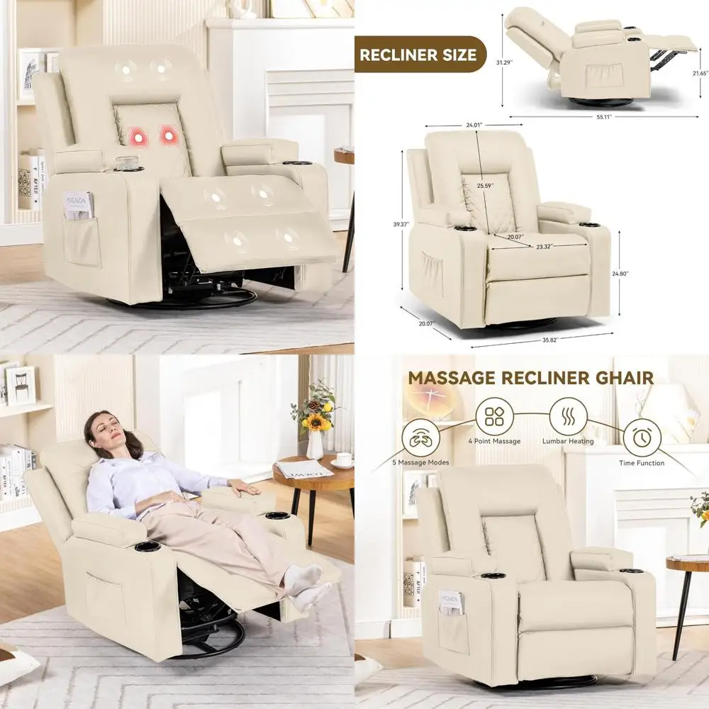Adult Ergonomic Swivel Recliner with Massage, Heat, and Cup Holder