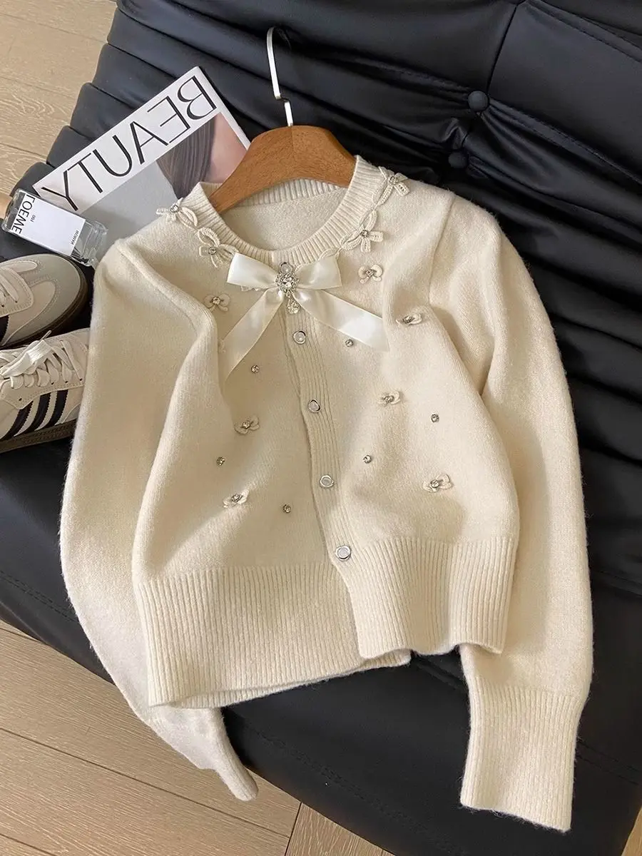 

Nail Bead Bow Knitted Cardigan Women Sweet Slimming Sweater Autumn Winter Coat French Elegant Gentle Clothes