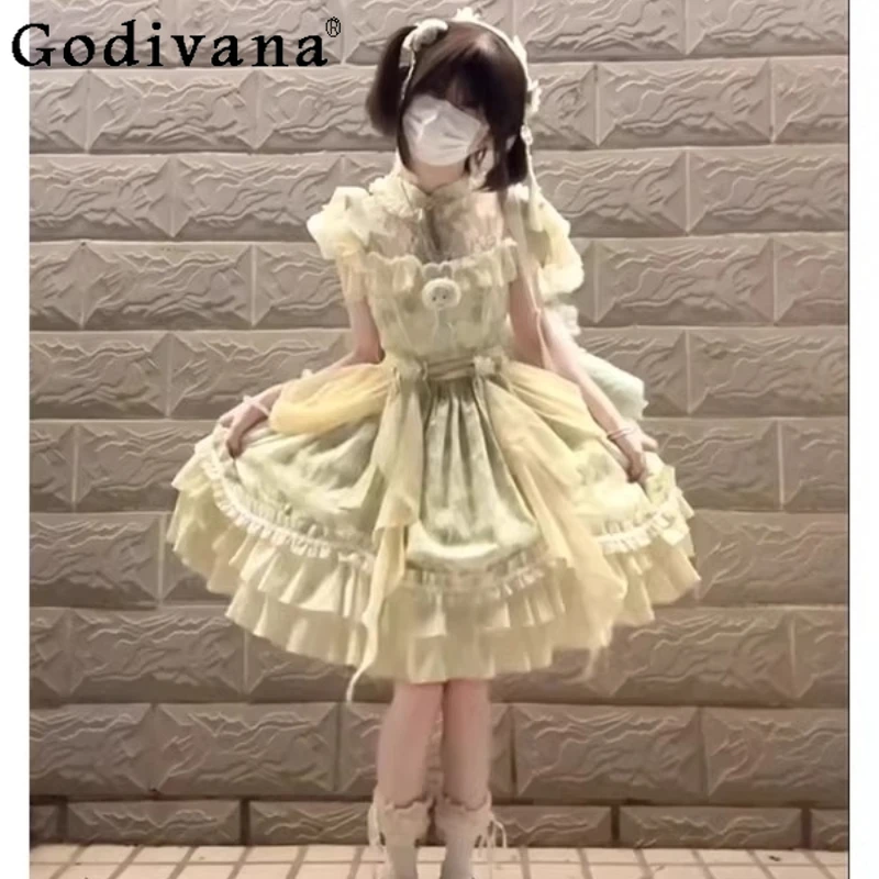Green Chinese Style Lolita Dress for Women Summer National Style Cute OP Lolita Dress Female Princess Short Sleeve Dress