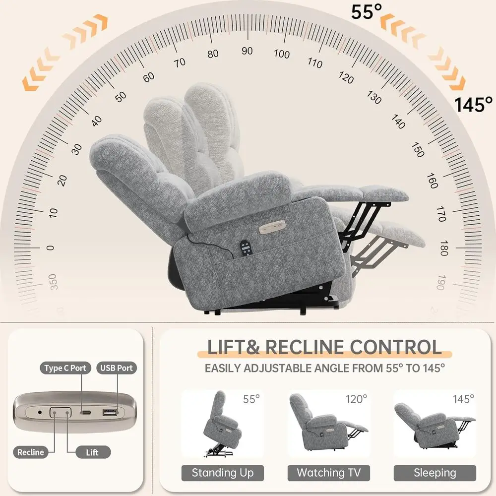 كرسي رفع تدليك كهربائي مع حرارة لكبار السن، مسند ظهر كبير من الشنيل، رمادي فاتح #3