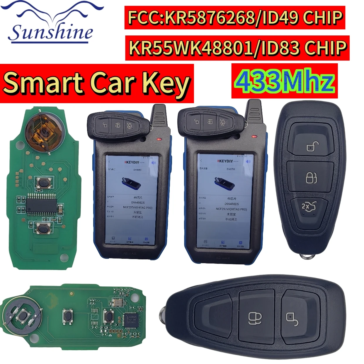 Sunshine KR55WK48801 Keyless Go Master Smart Card Key KR5876268 ID49/4D83 CHIP 433MHz For Ford Mondeo Kuga Fiesta Focus C-Max