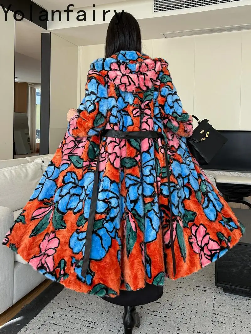 YOLANFAIRY Naturalny płaszcz z futra z kapturem damski zimowy płaszcz z prawdziwego futra norek dla kobiet modny luźny płaszcz z futra z nadrukiem długi płaszcz wierzchni