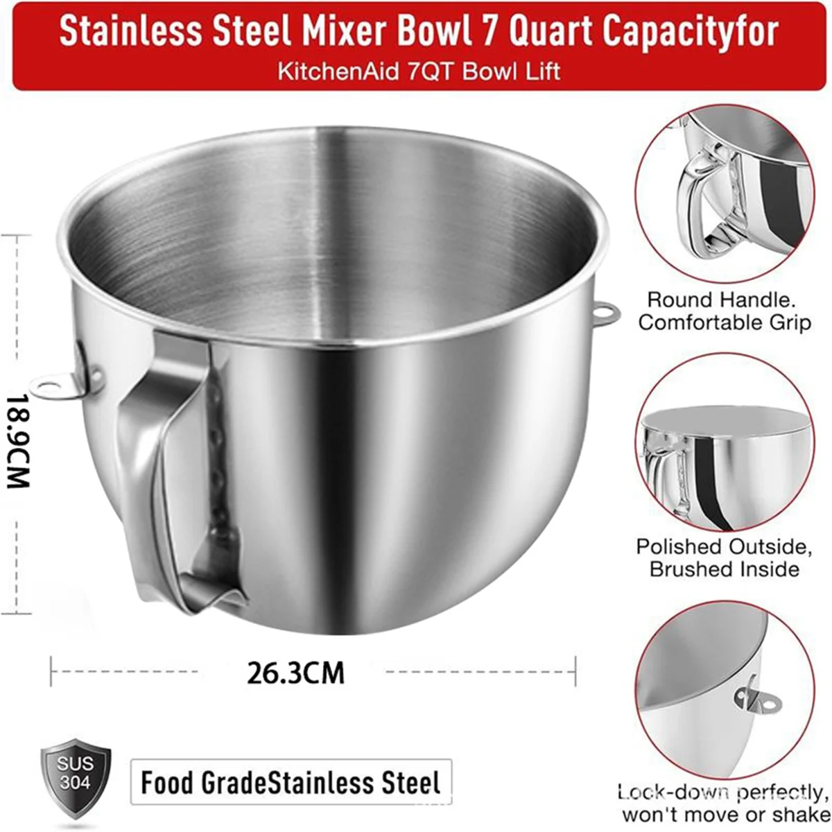 7QT Stainless Steel Mixer Bowl for Kitchenaid 7QT Tilt-Head Mixers KSM70SKXXV8 KSM70SKXXCA KSM70SKXXBK with Handle
