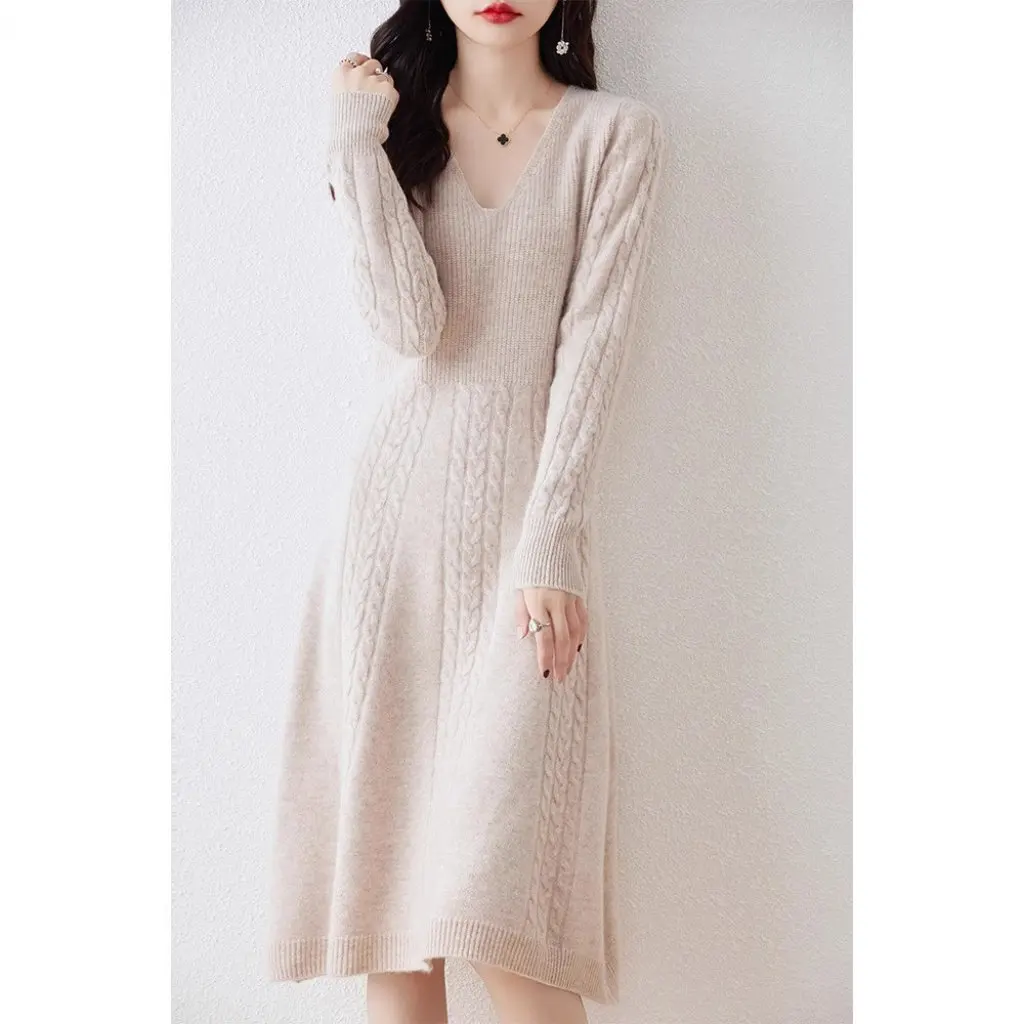 

Women's V-neck Knitted Sweater Dress Thickened Tight Waist Large Skirt Wool Lined Autumn Winter Fashion Upperwear