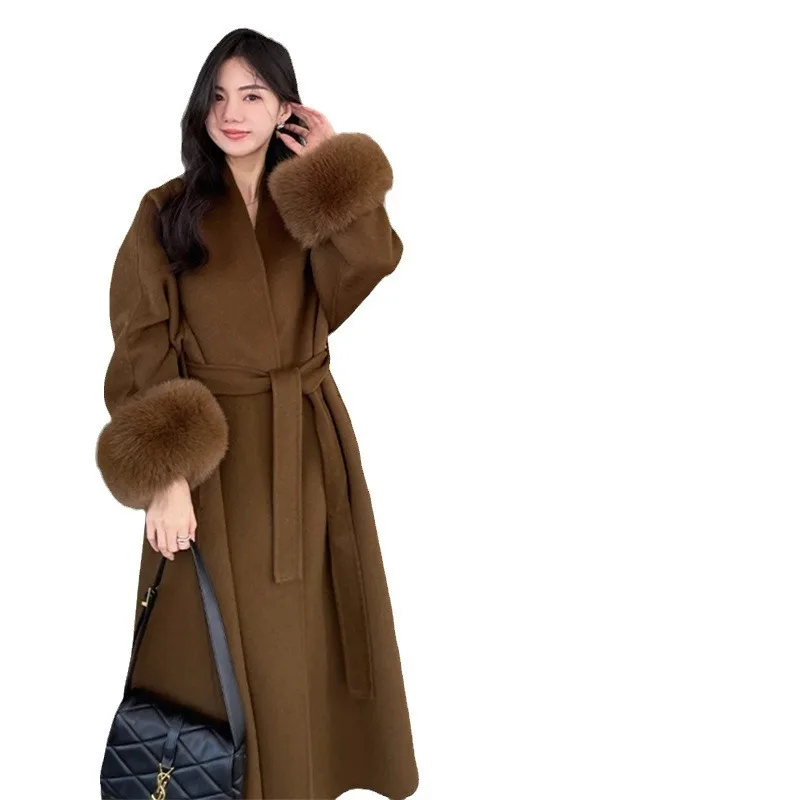 An Yimelade autumn and winter new style temperament double-sided cashmere coat women's medium long fox fur woolen coat