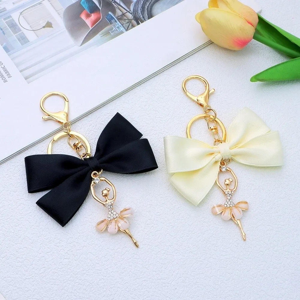 Cute Big Bowtie Bowknot Keychain Crystal Charms Decoration Keychain Charm Ballet Dancer Earphone Case Pendant for Women Girls