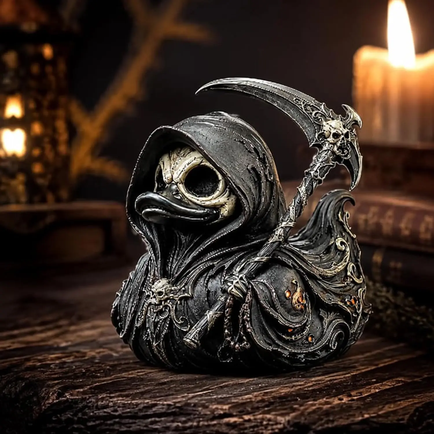 Grim Reaper Gothic Collectible Duck,Halloween Skeleton Hooded Duck Figurine,Vintage Dark Resin Duck