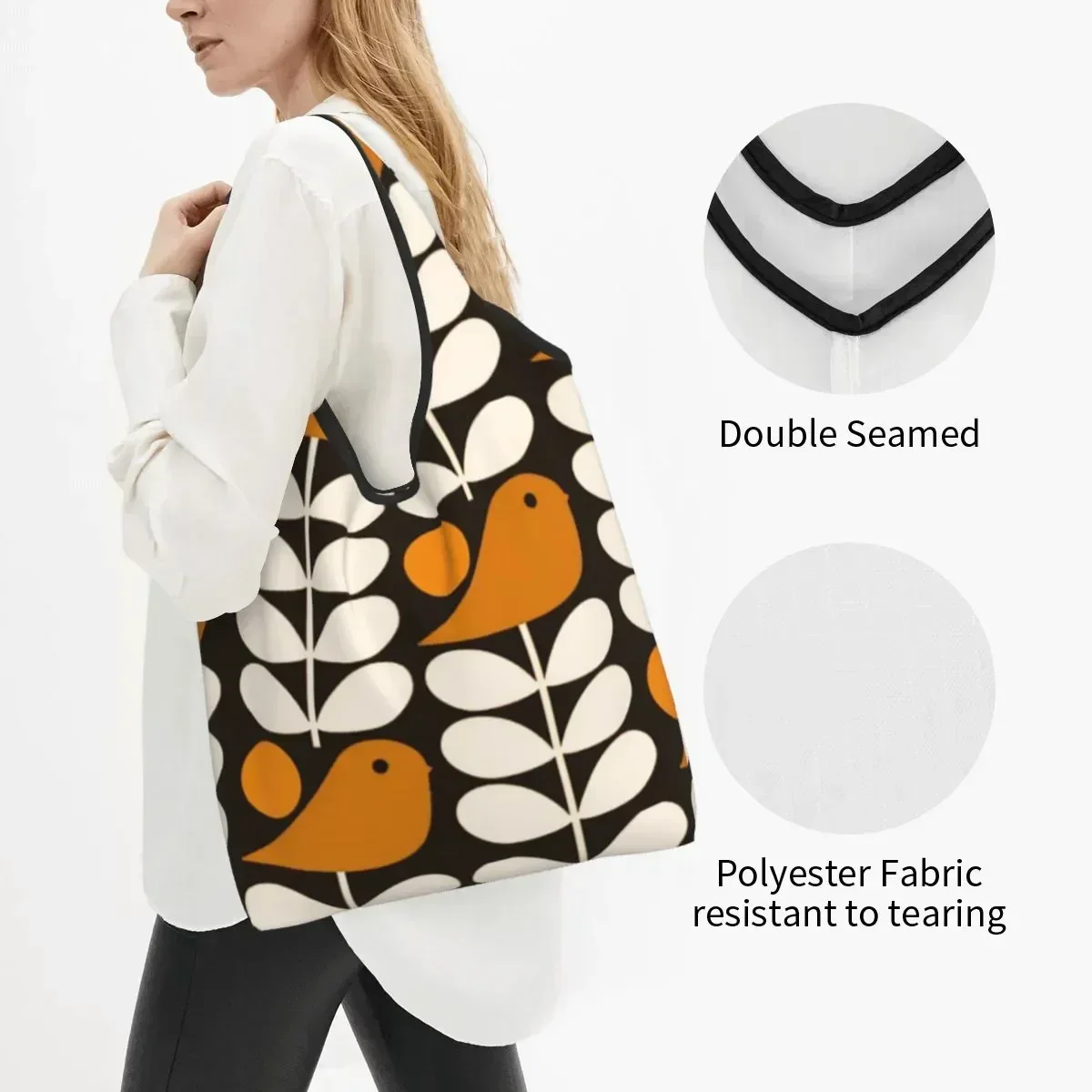 Custom Multistem Birds Black White Orange Shopping Bags Portable Large Capacity Groceries Orla Kiely Scandi Tote Shopper