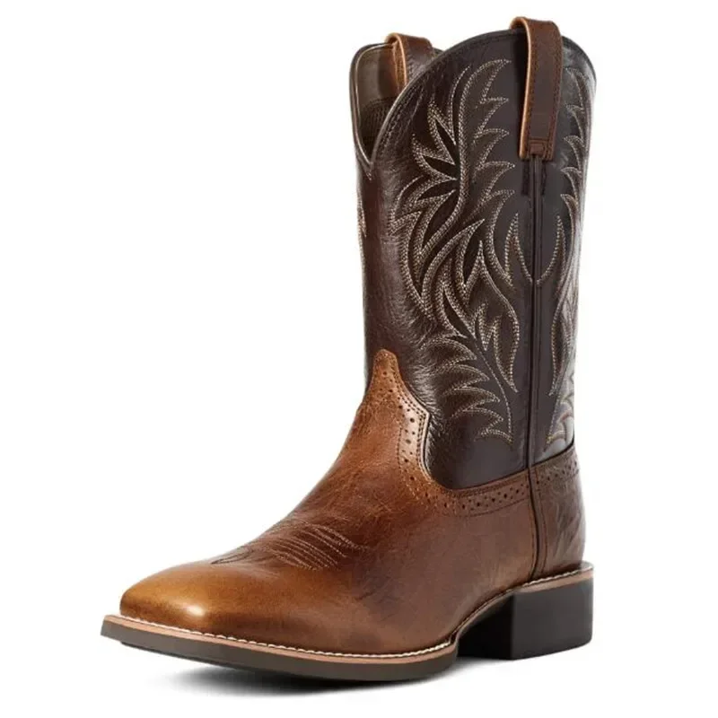 NEW Men Western Cowboy Boots Fashion Punk Goth Embroidery Square Head Mid-calf Male Boots Slip on Men Riding Boot Zapatos Hombre
