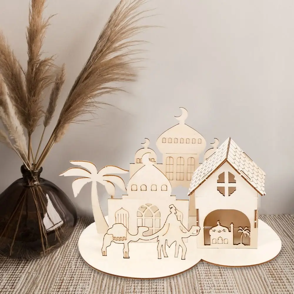 

Removable Wooden Castle Ornaments Handmade Decorative Eid Mubarak DIY Craft Ramadan Table Ornaments 3D Castle Ornaments