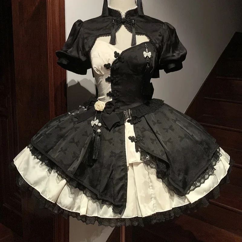 2025 novo doce renda borla estilo chinês elegante moda rosa azul cosplay mini vestido y2k japonês lolita vestido