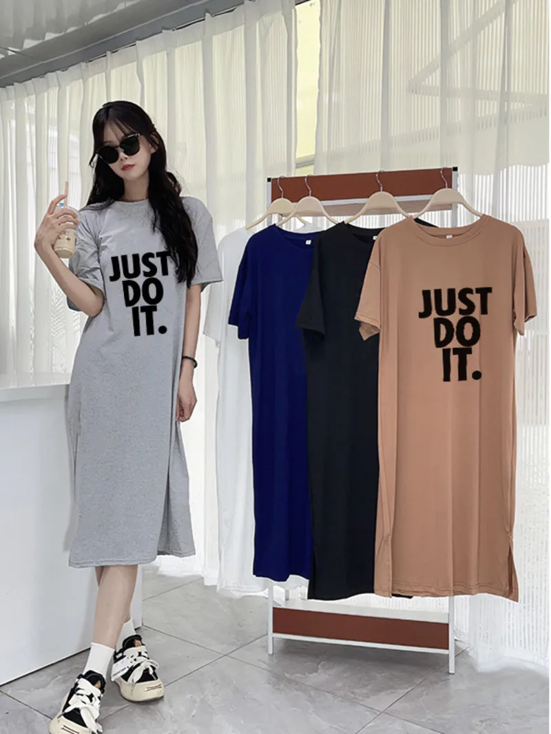 Koreańska wersja t-shirt z krótkim rękawem sukienka letnia odzież modna i minimalistyczny długi sukienka na co dzień sukienka do kolan D42B