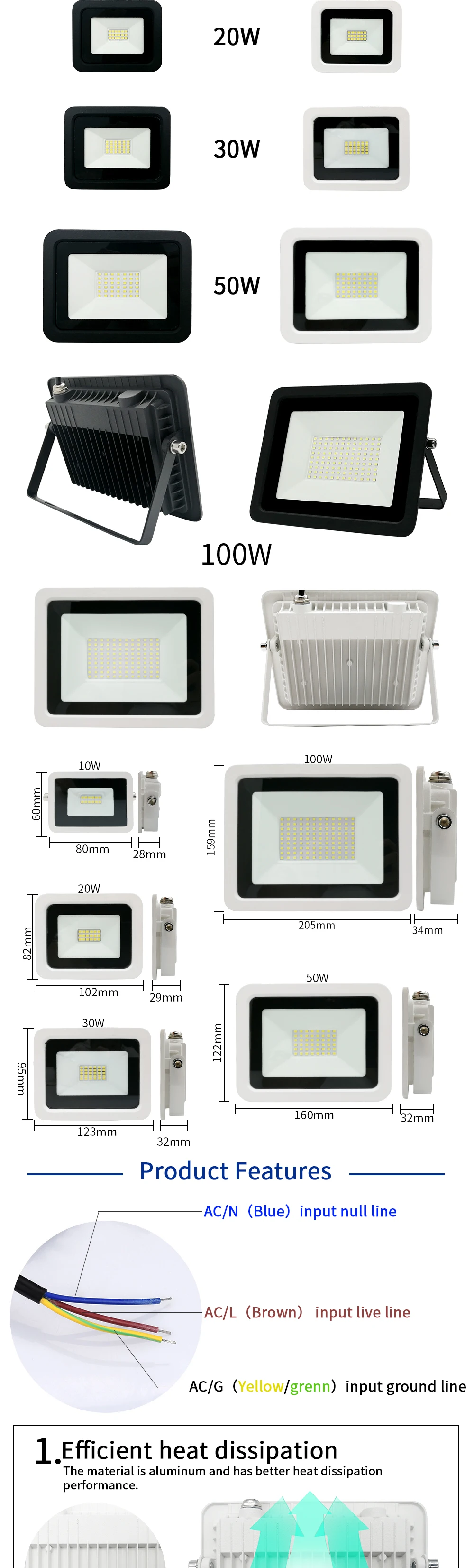 LED Flutlicht 10W 20W 30W 50W 100W AC 220V Reflektor Scheinwerfer Straße Licht wand Lampe IP68 Wasserdichte Outdoor Garten Beleuchtung – Detail 2