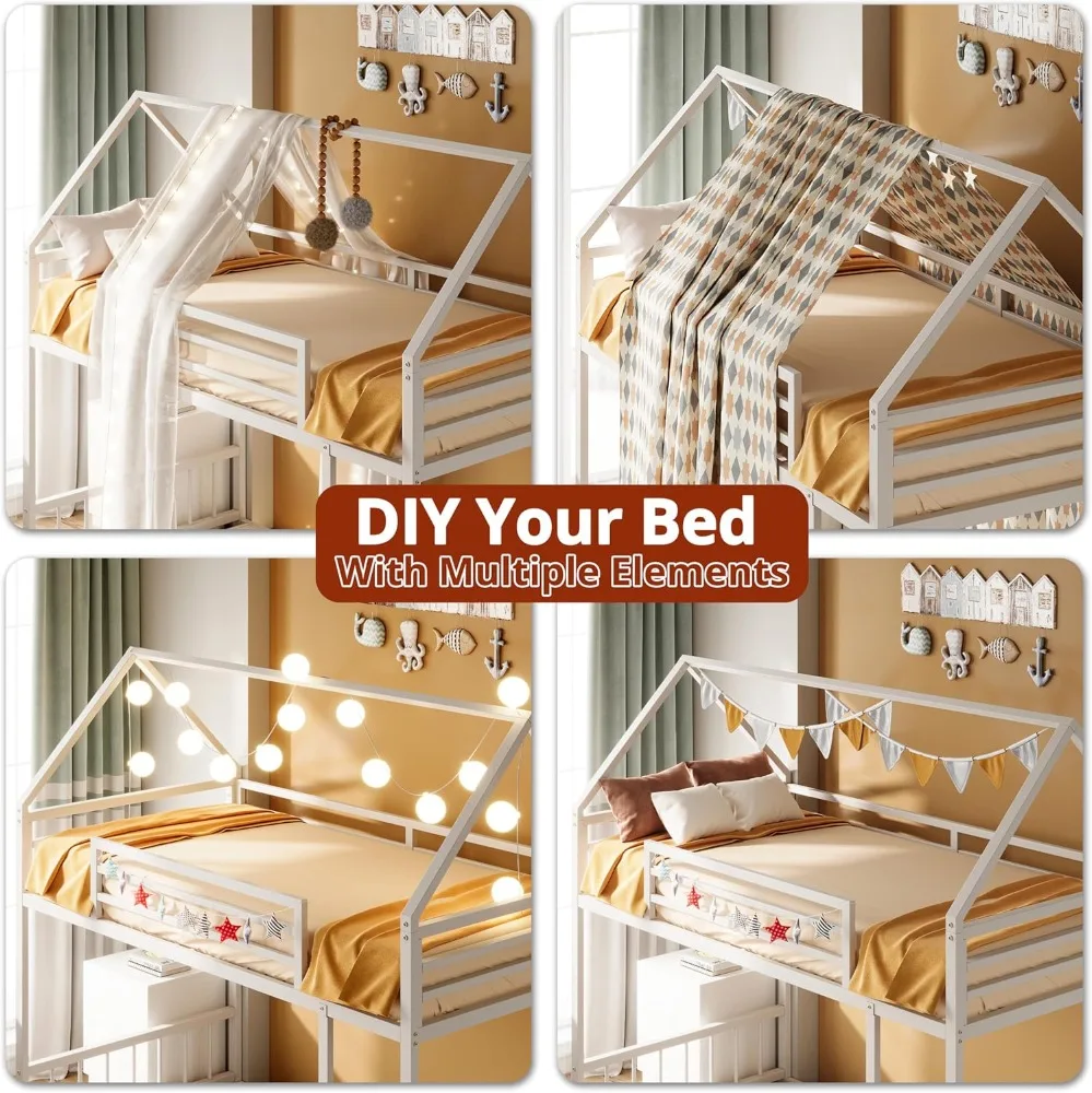 سرير بطابقين Twin XL Over Twin XL، إطار سرير معدني بطابقين مع سلم ودرابزين، على شكل منزل مع شرائح معدنية للمهاجع