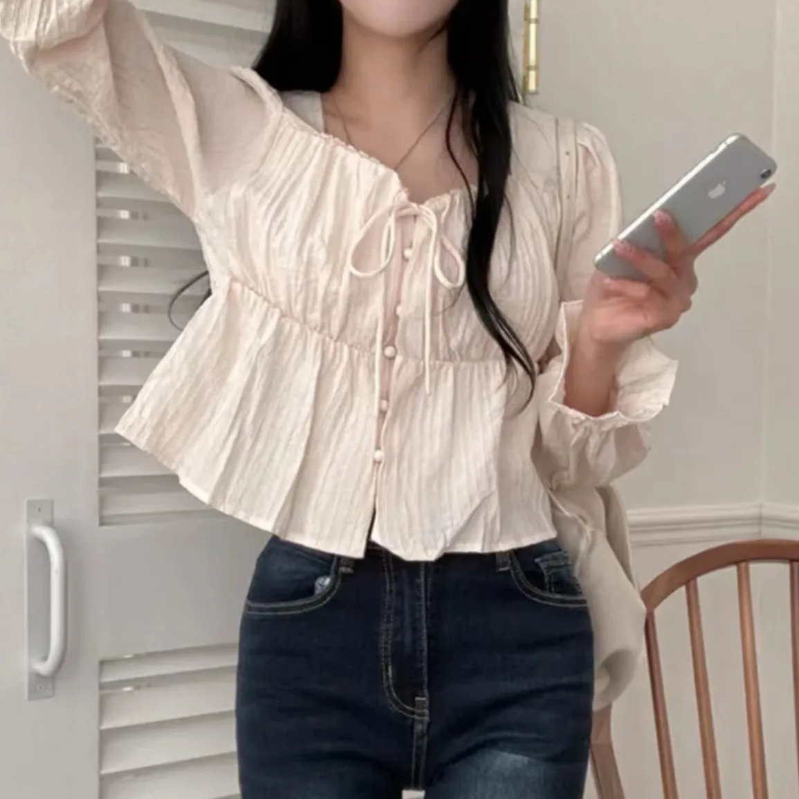 

Женский шифоновый топ Sweet Girl ort Bubble Sve с рюшами и подолом, модный корейский дизайн, весна-лето, Ele Doll irt