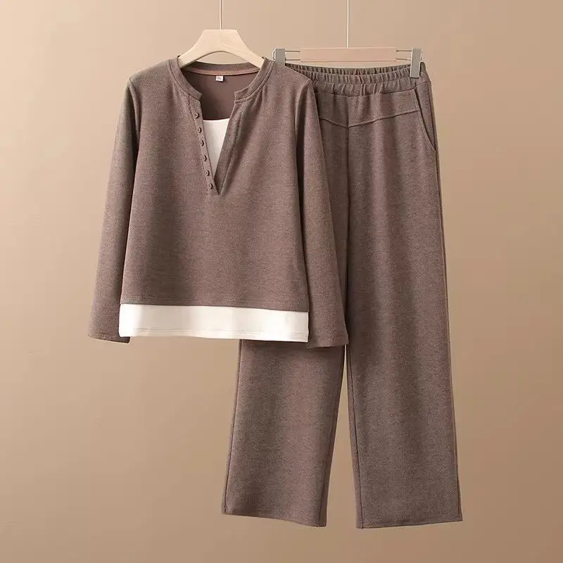 Womens Middle Aged Spring Autumn Two Piece Outfit Fake Two Piece Long Sleeve Top Elastic Waist Wide Leg Pants Casual Mom Set