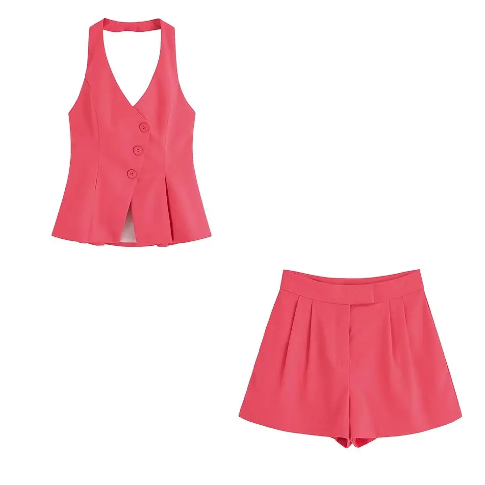 

KONDALA Chic Pink Y2K Woman Suit Asymmetric Backless Button Halter Vests+Casual Mini Shorts Fashion 2025 Streetwear Mujer Sets