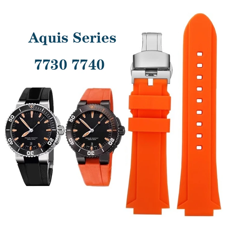 For Oris Aquis 7730 7740 Diving Series Sports Waterproof Convex Silicone Rubber Watch Strap Wrist Watchband Orange Blue 24x12mm