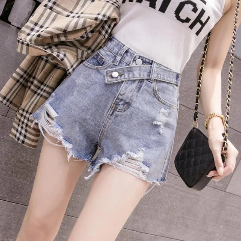 Shorts jeans largos rasgados femininos, jeans elegante estilo coreano, jeans curto de verão, ao ar livre para vestir, quente, moda Harajuku