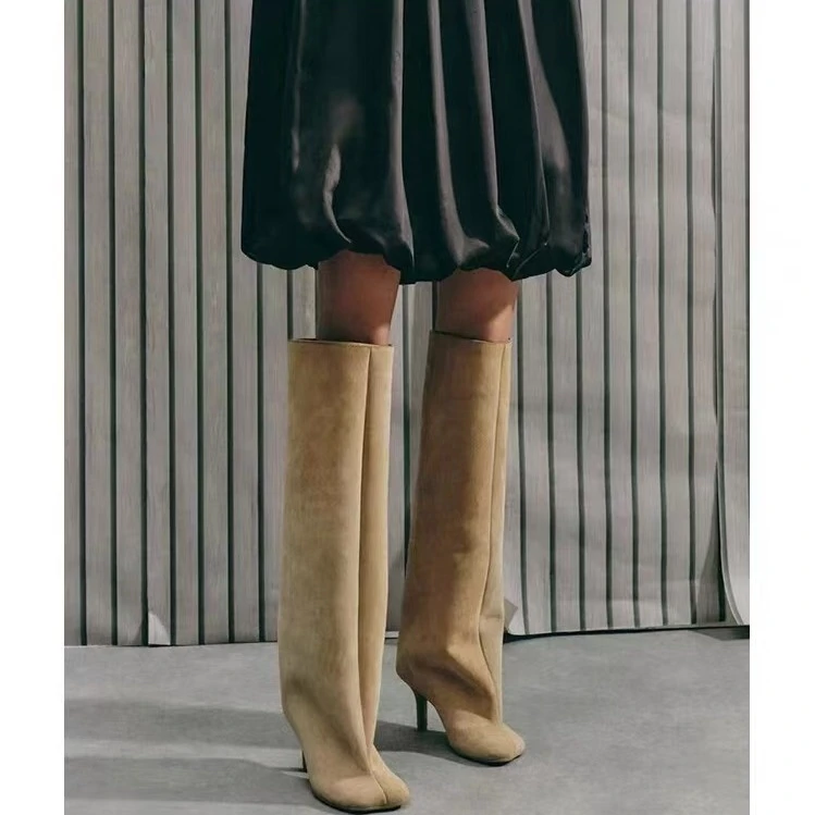 A Street Autumn and Winter New 6cm Slim High Heels Knee High Women's Boots Round Toe Fashionable Women's Long Boots Knight Boots