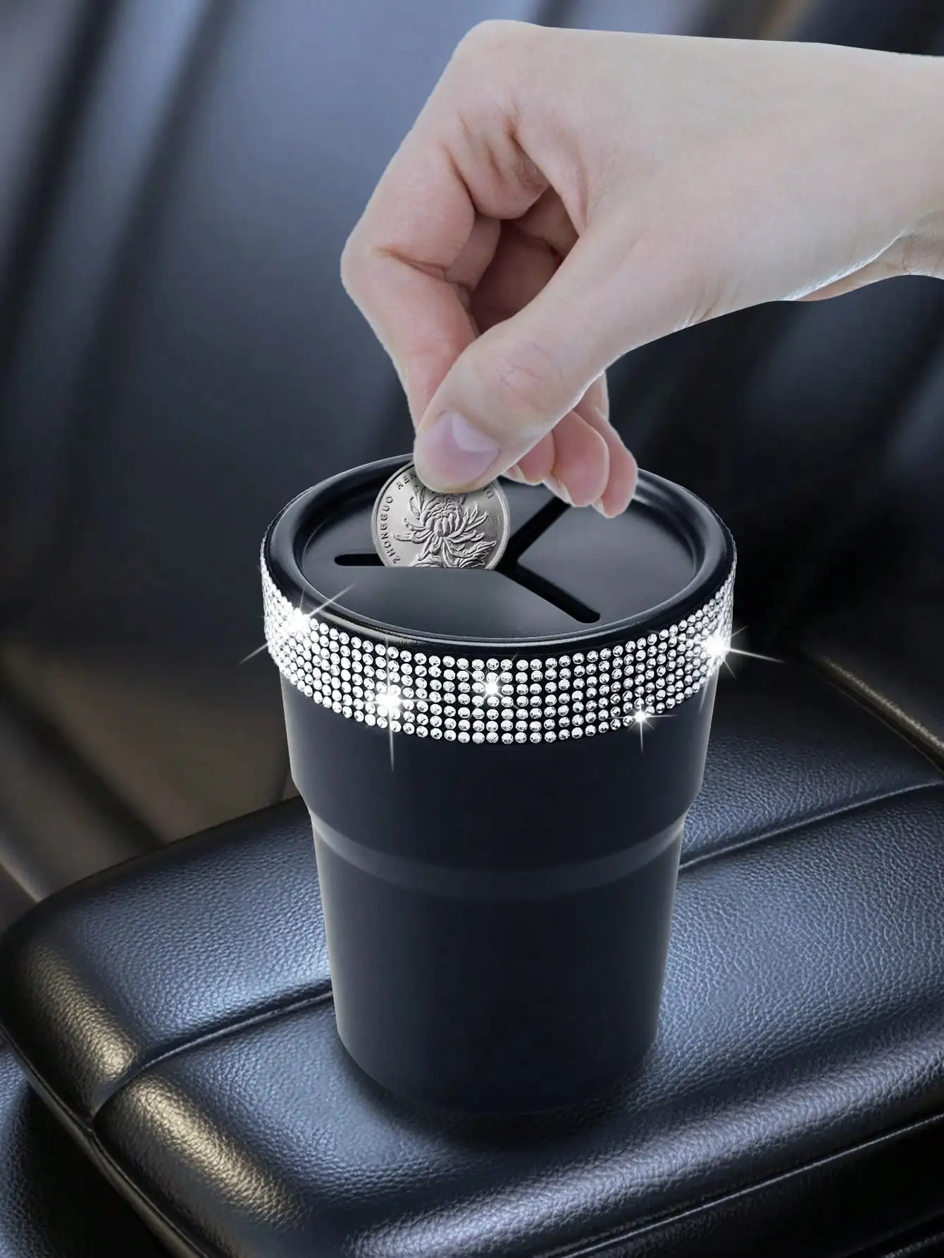 

Stylish rhinestone car storage cup adopts non slip base design, ideal for holding loose coins and tiny sundries. Compact space saving structure fits car cup holder well, practical handy accessory keeps interior neat and tidy for daily travel