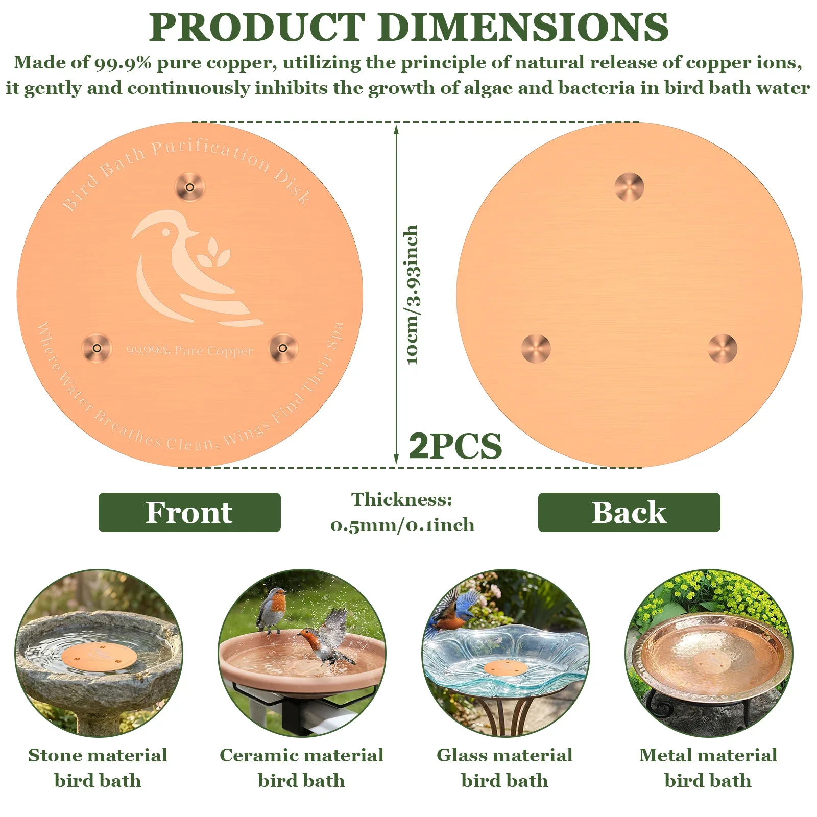 Bird Bath Copper Disk Birdbath Purifier with Triple-Point Support Metal Outdoor Cleaner Disks Feeder Accessories For Water Bowl
