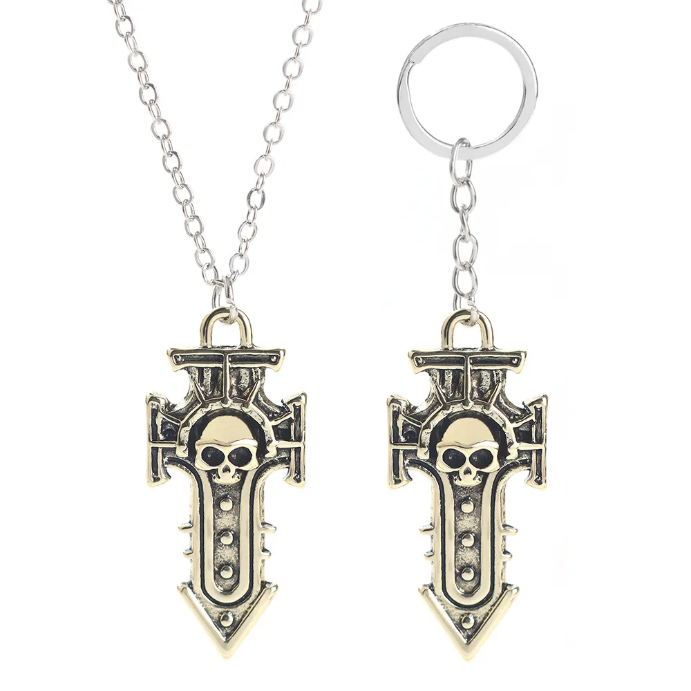 

2pcs/set Gmae War of Hammer Necklace Keychain Set Forged 40k Saw Sword Pendants Keyring Jewelry Cool Gift for Men Boys