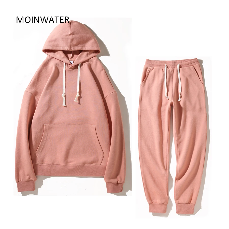 MOINWATER New 2022 Women White Sporty Sets Female Casual Grey Hoodies Pants Lady Pink Solid Tops Suits for Autumn Spring MH2201