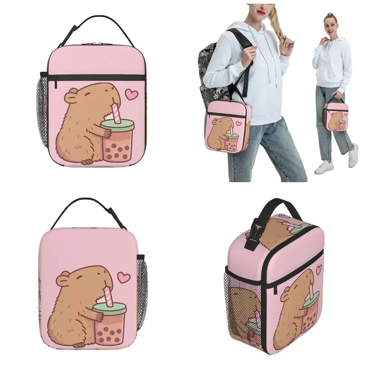 Cute Capybara Loves Bubble Tea Thermal Insulated Lunch Bag for Travel Portable Food Bag Container Cooler Thermal Lunch Boxes