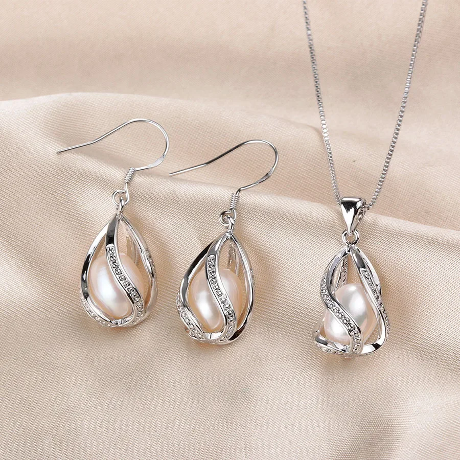 100% Natural Freshwater Pearl Jewelry Sets For Women Fashion 925 Sterling Silver Earrings+Pendant Wedding Jewelry With Box