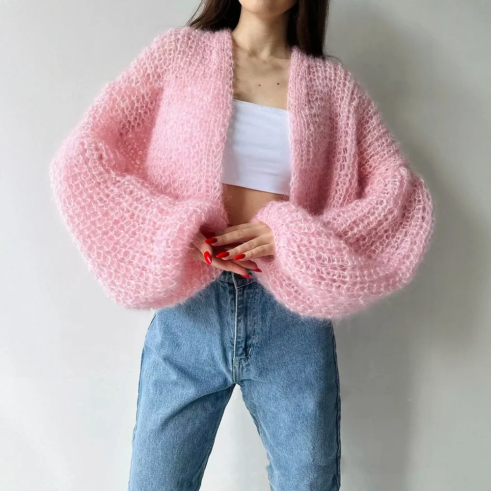 

Women's Solid Color Lantern Sleeve Cardigan Open Front Cropped K-Fashion Basic Autumn Winter Daily Top