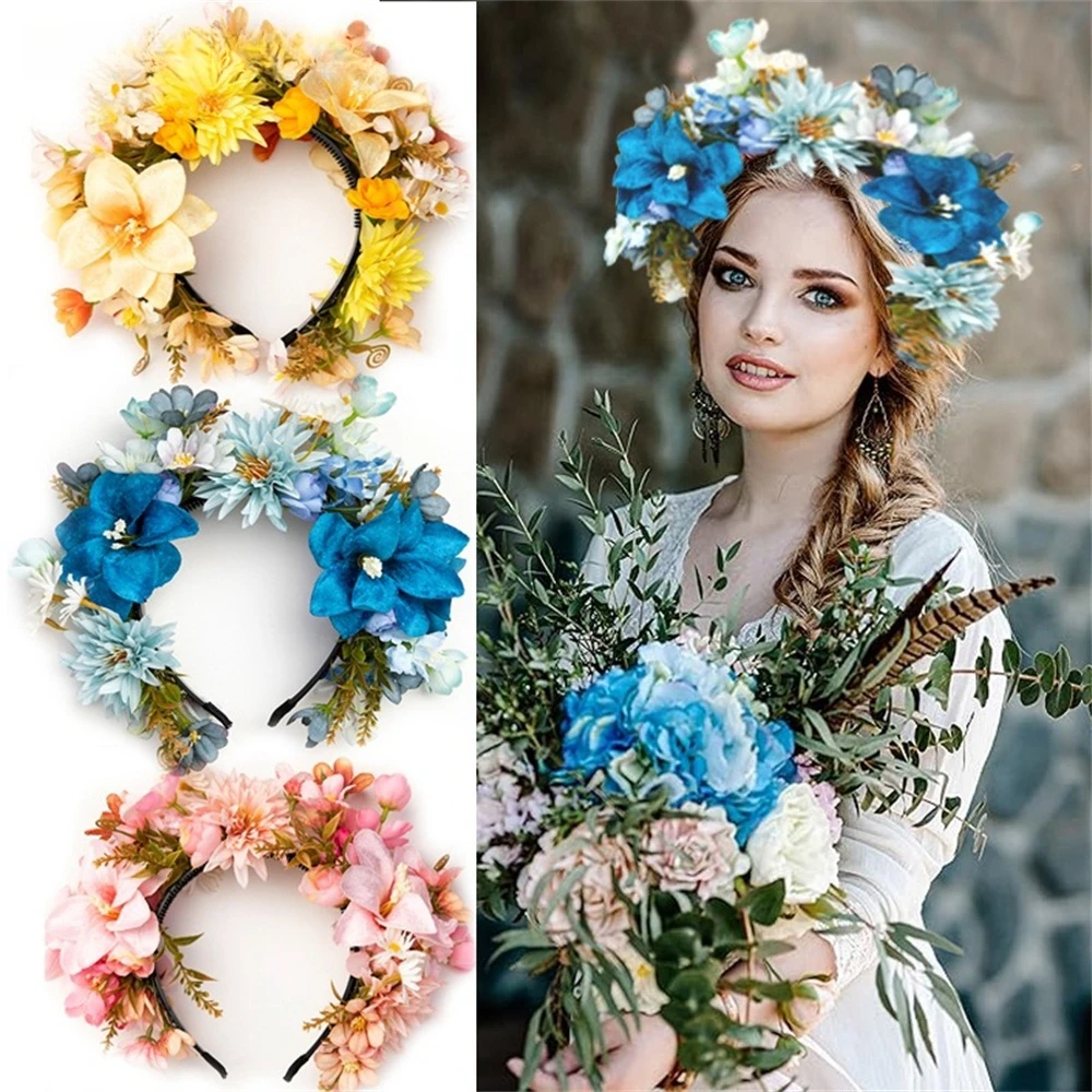 Designer 3D Simulation Flower Wreath Women Girl Rose Flowers Head Hoop Bridal Artificial Anti-slip Wedding Garland Accessories