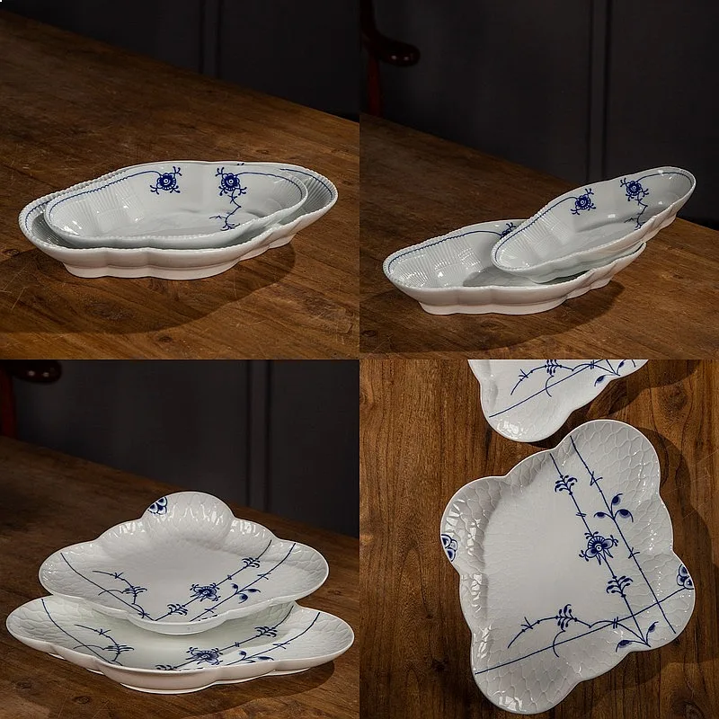 Blue White Handpainted Ceramic Plate Retro Tang Grass Pattern Ruyi Oval Dish Hotel Commercial Appetizer Plate