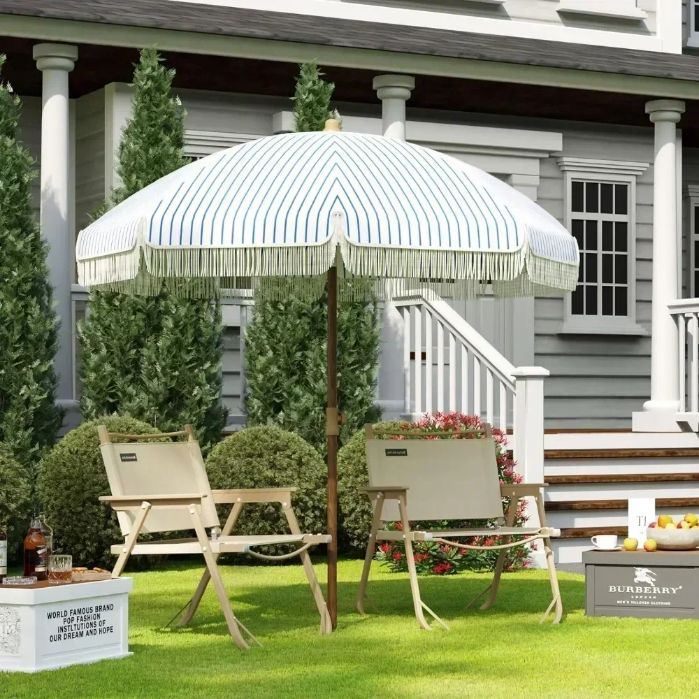 

For Sunshade Umbrella with Fringe UV 50+ Protection Picnic Umbrella with Steel Pole Ribs Push Button Tilt 7ft Patio Umbrella