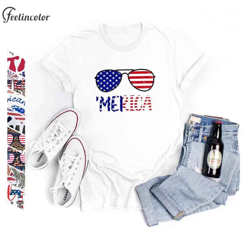 

2024 USA T-shirts for Women Summer Casual Loose Top