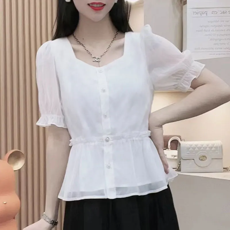 Casual Square Collar Blouse Chic Pearl Single-breasted Sweet Female Clothing Solid Color All-match Summer Spliced Chiffon Shirt