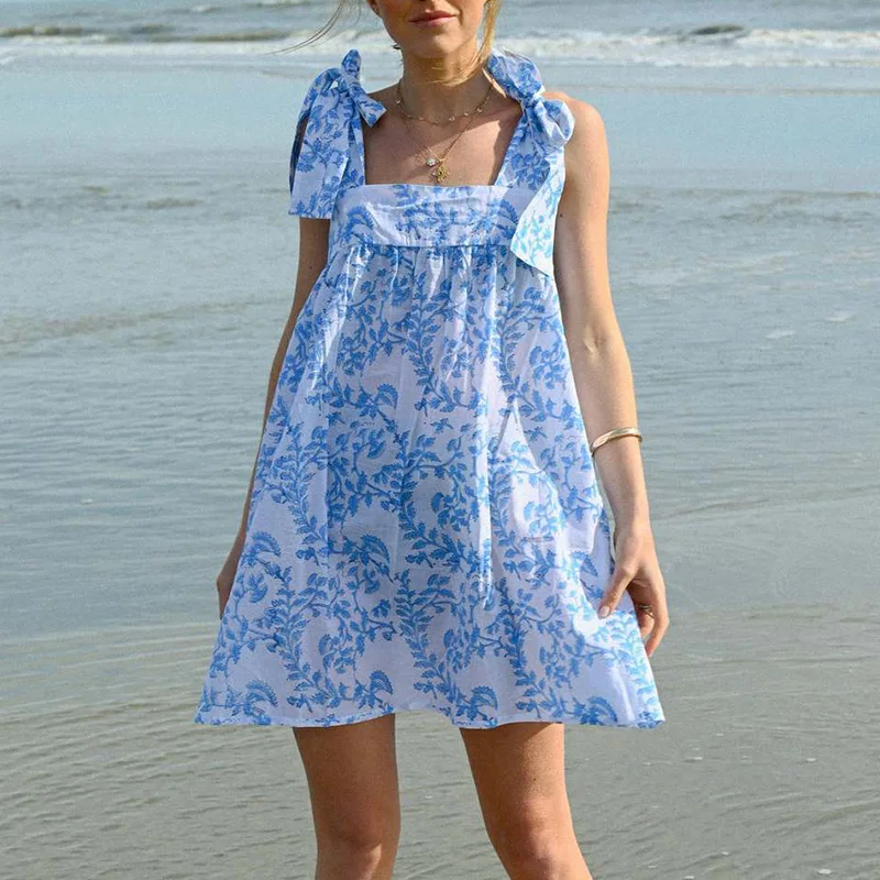 

Elegant Floral Print Bow Tie-Up Suspenders Dress Women Fashion Hight Waist Pleat Mini Dress Sexy Off Shoulder Loose Party Dress