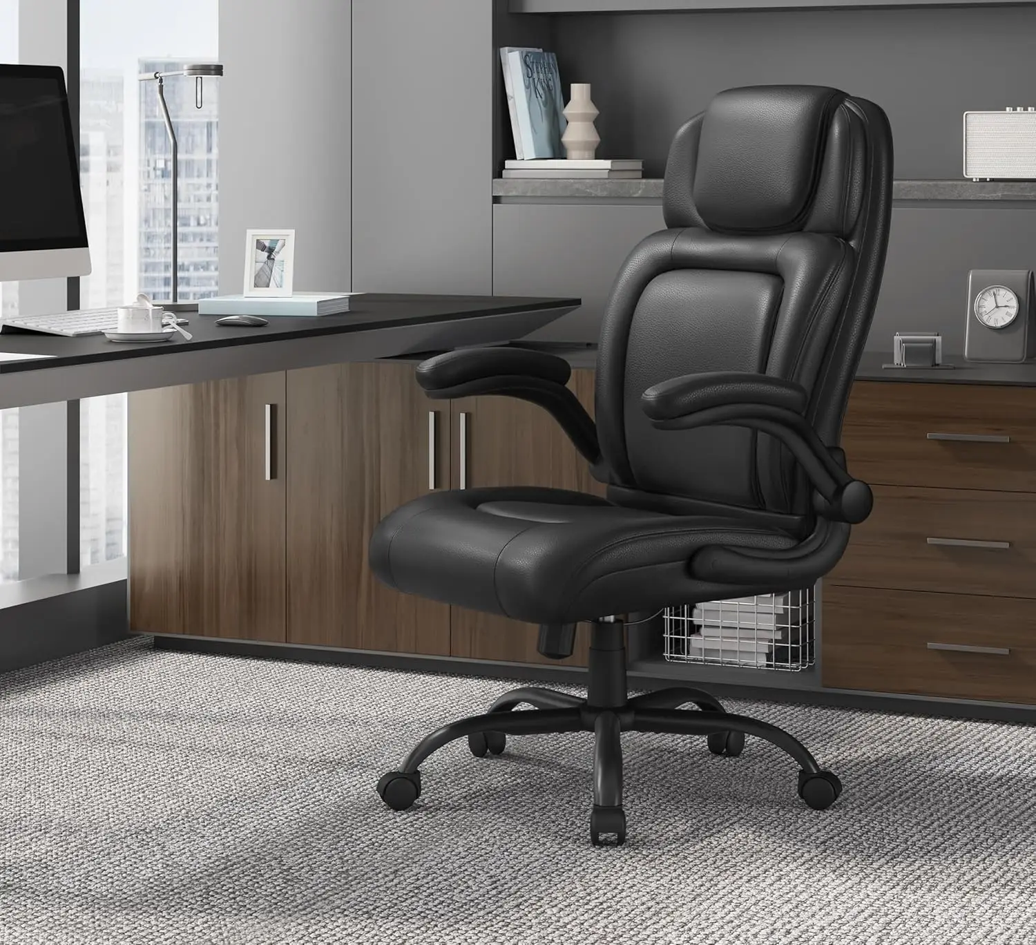 Executive Office Chair with Flip-up Armrests Adjustable Lumbar Support Desk Chair Ergonomic Big and Tall Office Chair