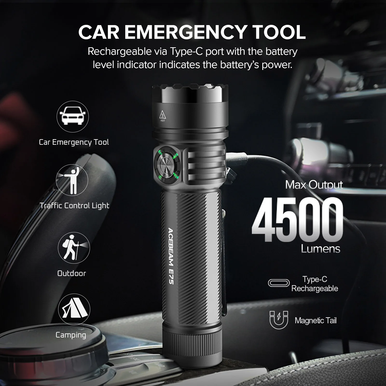 ACEBEAM E75 Quad-Core Lanterna LED USB C Recarregável Tocha Com Bateria 21700 4500LM 260M Lanternas Poderosa Estroboscópio de Defesa