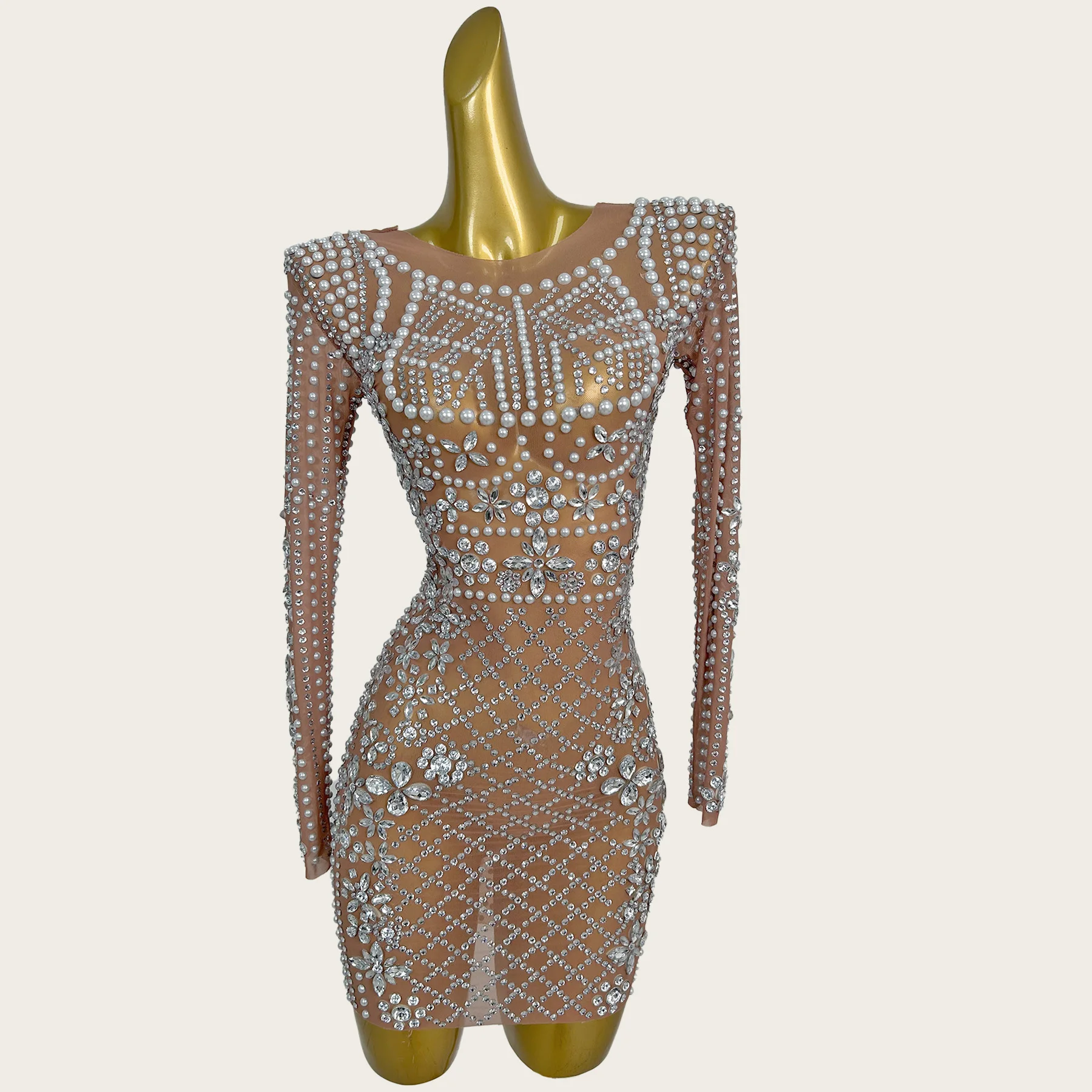 

Brown Bandage Pearls Dress See Through Mesh Long Sleeves Sparkly Rhinestone Luxury Birthday Party Cocktail Dress Wanggezhenzhu