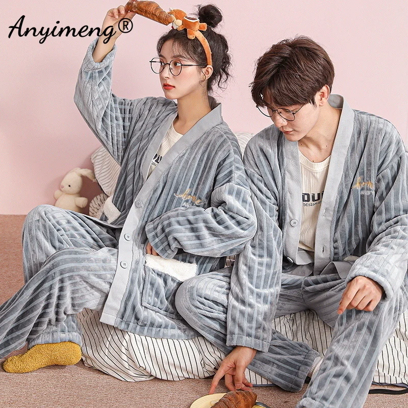 Couple Winter Warm Pajamas Set Fashion Casual Korean Minimalist Style Young Man and Woman Thick Pijama Sets Trendy Sleepwear