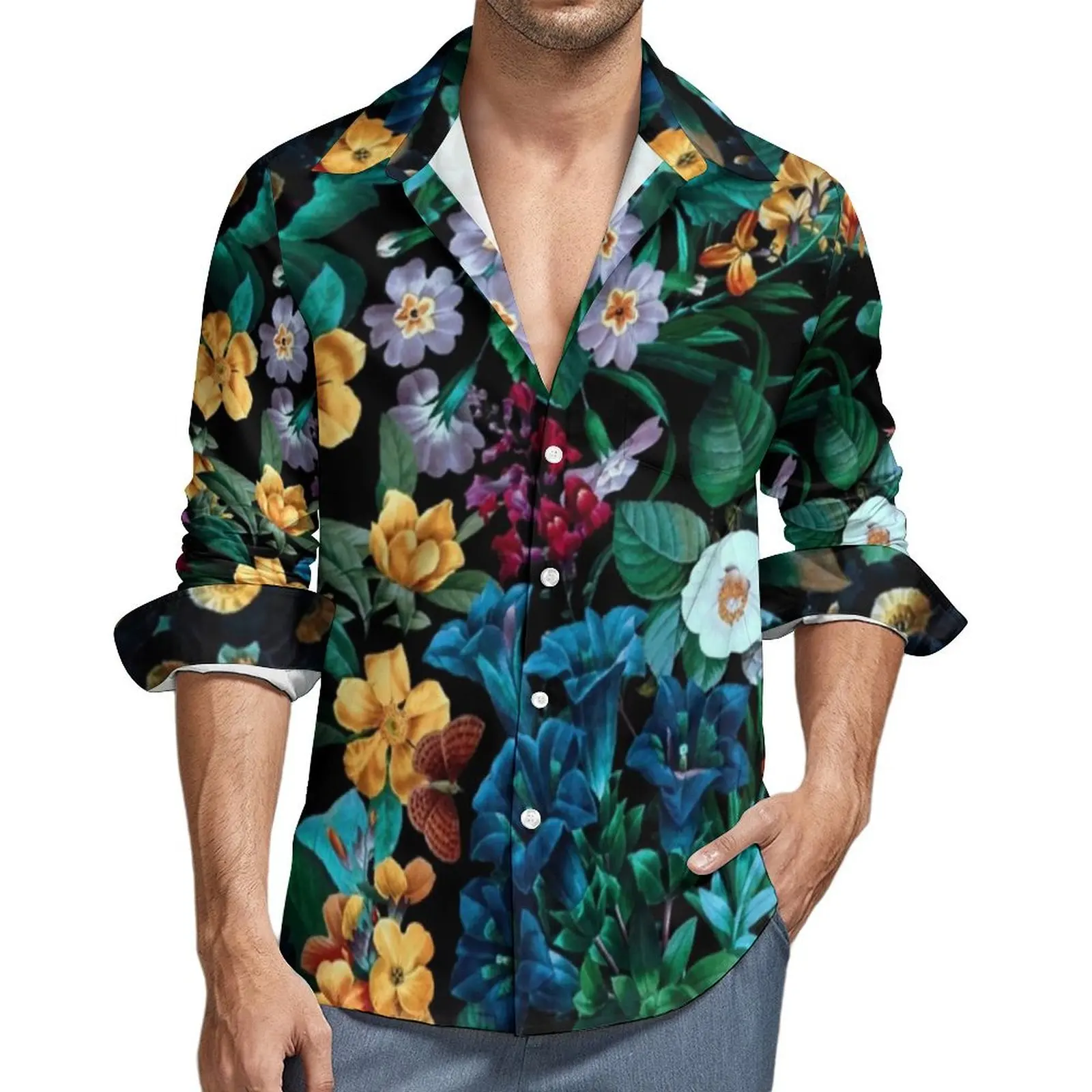 

Male Shirt Tropical Floral Print Casual Shirts Long Sleeve Midnight Garden Streetwear Blouse Autumn Elegant Printed Oversize Top