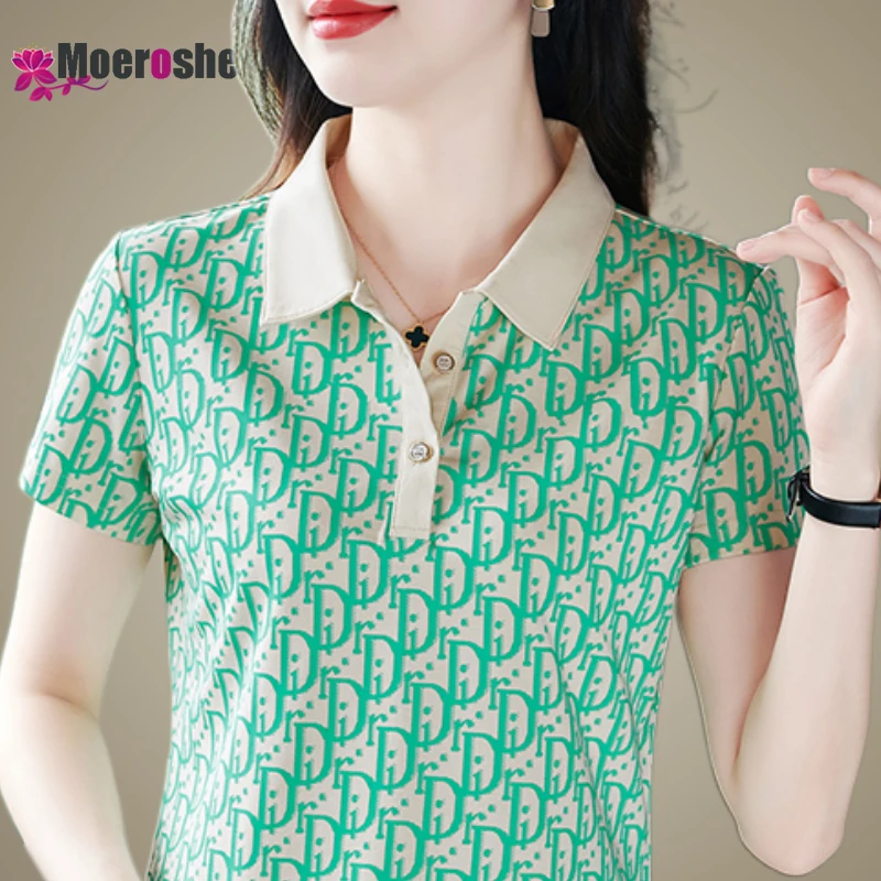 Summer Ladies Print POLO Shirt Crop T-shirt Women\'s Short Sleeve Top Shirts Youthful Woman Clothes Pulovers Basic T-shirts Tops