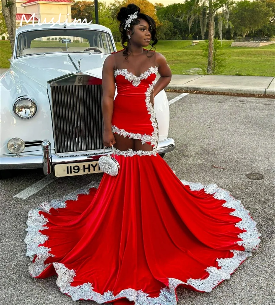 Amazing Red Evening Dress With Lace Elegant Illusion Mermaid African Prom Dresses Black Girls Pageant Formal Birthday Customized