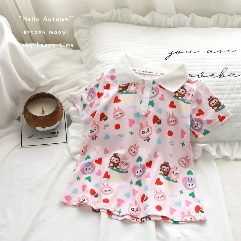 New 2025 Baby Girls Princess Dress Full Print Labubu Cute Short Sleeve Collar Dress Milk Silk Fabric Summer Casual Outfits