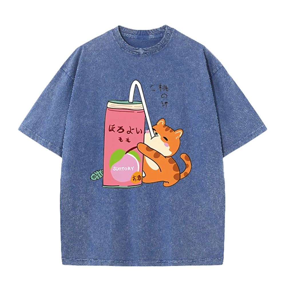 2026 Vintage Washed Black Cartoon Cat Peach Drink Graphic T Shirt Japanese Style Cute Animal Oversized Casual Short Sleeve Tee
