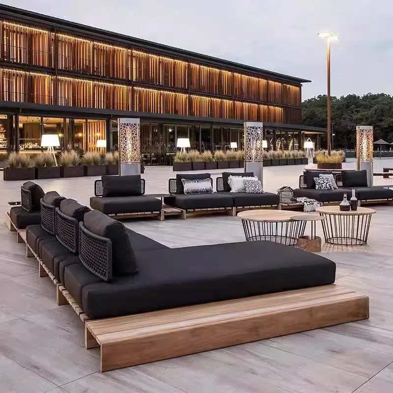 

Outdoor solid wood sofa combination, courtyard waterproof and sunscreen hotel bed and breakfast terrace