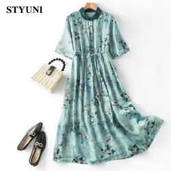Light Blue Printing Cotton Linen Polo Neck Women's Dress Short Sleeve Elastic Waist Lace Up Elegant Mid-Calf Dresses For Women