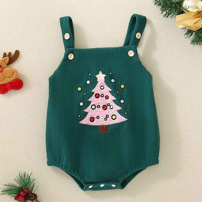 Christmas Newborn Baby Boys Girls Rompers Clothes 0-18M Gingerbread Man Hat Embroidery Sleeveless Button Jumpsuits Overalls