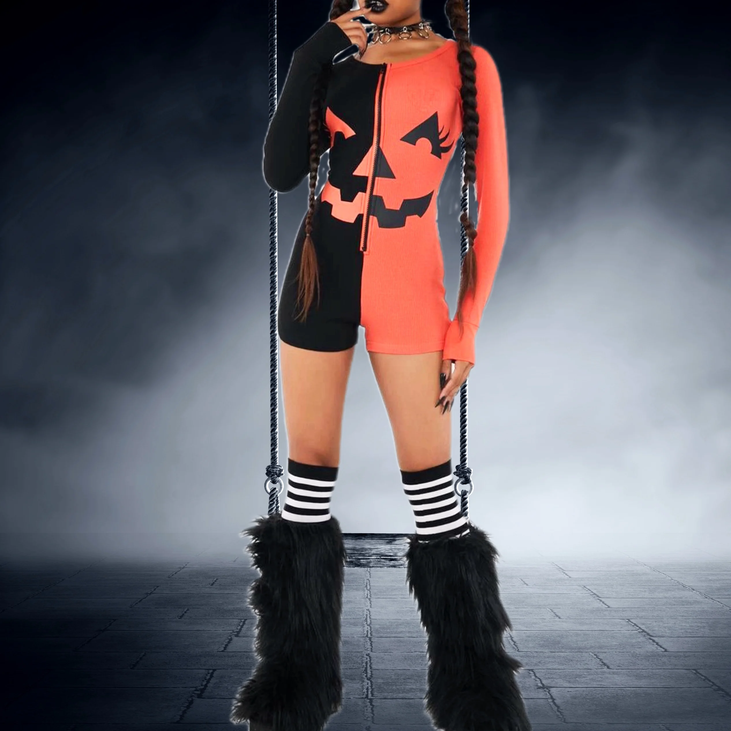 

loween Skeleton Contrasting Color Long Sve Onesie Gothic Punk Subculture Sexy Girl Costume DSK k Roabilly Outfit